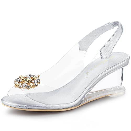 Allegra K Women's Clear Slingback Wedges Rhinestone Transparent Peep Toe Heels