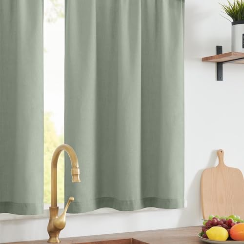 jinchan Linen Textured Tier Curtains 24 Inch for Kitchen Windows Farmhouse Cafe Curtains Small Drapes Rustic Light Filtering Half Window for Living Room Laundry Rod Pocket 2 Panels Green by jinchan - Used condition - Image 8