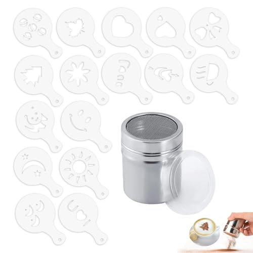 Kakaostreuer für Cappuccino,Puderzuckerstreuer,16 Stk Druckform Kakaostreuer Schablonen,Kakao Streuer Cappuccino,Kaffee Zubehör,Coffee Accessories,Edelstahl Kakaopulver Pulverstreuer,Kaffeeschablone