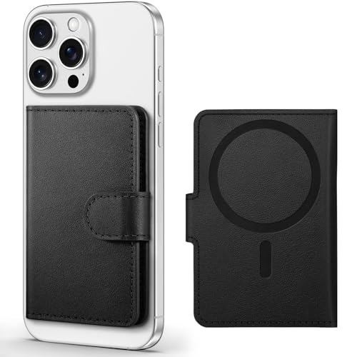 SHIELDON Compatible with MagSafe Wallet, Genuine Leather Magnetic Card Holder, RFID Blocking, 6 Card Slots & ID Window, Phone Wallet for Men Women, for iPhone 17/16/15/14/13/12 Series - Black