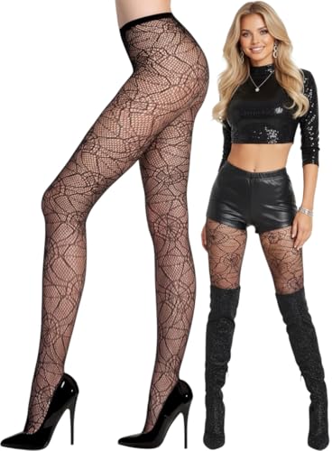 Image of ToBeInStyle Women's Spiderweb & Crawling Spider Print Hosiery Tights & Thigh High Stockings