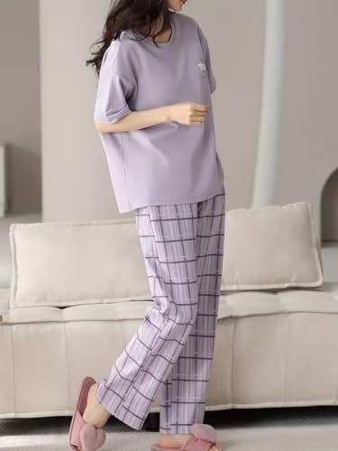 Image of SHIENZY Women Korean Style Night Suit | Round Neck Short Sleeve Cute Printed Cotton Pajama Set for Girls & Women | Soft Nightwear, Loungewear, Sleepwear for Women | Full Pyjama Set | Co-ord Set