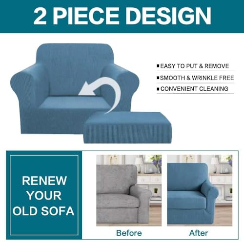 Turquoize 2 Piece Chair Covers Chair Slipcovers for Living Room Small Armchair Chair Cover with Arms Washable Furniture Cover for Chairs Feature Thick Jacquard Fabric (Small Armchair, Dusty Blue)