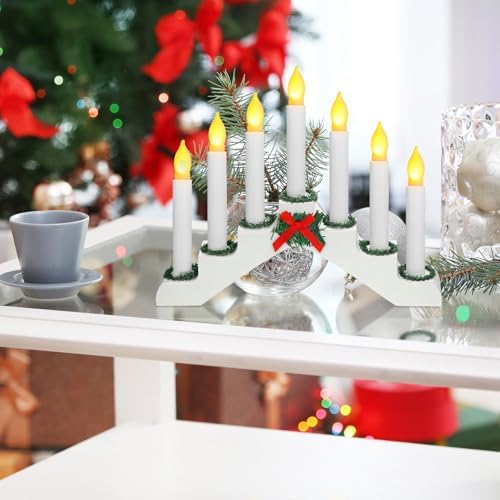 Bokon Christmas Swedish Candelabra Wooden Bridge Candle Holder with 7 Flameless Taper Candles Decorative Xmas Candle Lights for Christmas Holiday Decor, Battery Operated