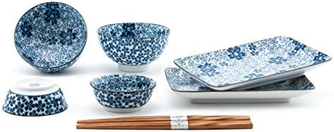 Fuji Merchandise Nippon Blue Sakura Cherry Blossoms Sushi Dinnerware 6pc Set for Two Including Plate Sauce Bowls and Rice Bowl with Chopsticks Made in Japan