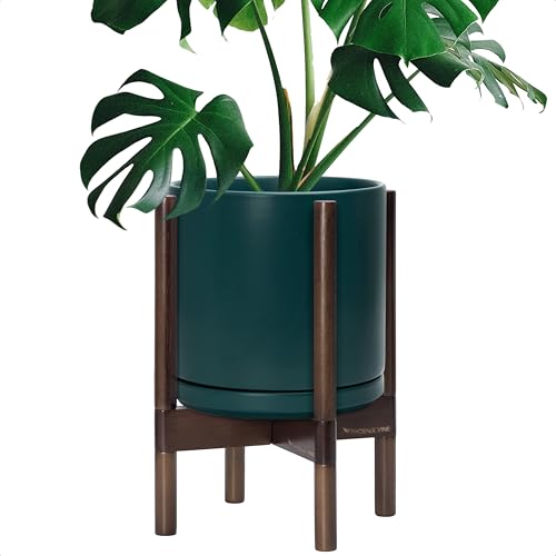Dvine Dev Ceramic Planter with Walnut Color Stand - 10 Inch Modern Round Flower Pot with Wood Planter Holder Teal 55-B-X-4