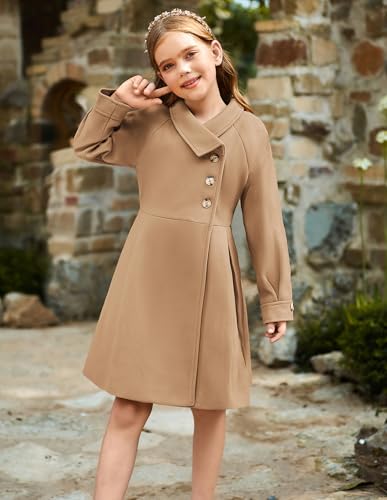 Image of GRACE KARIN Girls Dress Coat Kids Wool Lapel Long Button Jackets Fall Winter Outerwear Peacoat with Pockets 5-12Y
