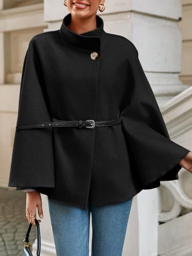 Cicy Bell Womens Batwing Sleeve Poncho Pea Coats Oversized Belted Trendy Casual Stand Collar Cloak Cape Coats4