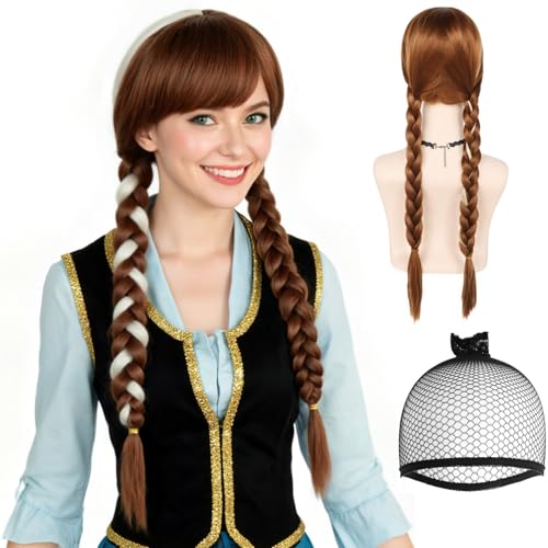 JoneTing Brown Braided Wig【+ Hair Cap】 Princess Wigs for Adult Long Brown Wig With 2 Braids for Women Cosplay Peluca Trenza Marrón Brown Braided Cosplay Wigs for Halloween Party