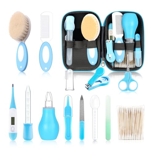 Image of Baby Grooming Kit，Infant Safety Care Setwith Hair Brush Comb Nail Clipper Nasal Aspirator, Baby Essentials Kit for Newborn Girls Boys (14 PC-Blue Kit)