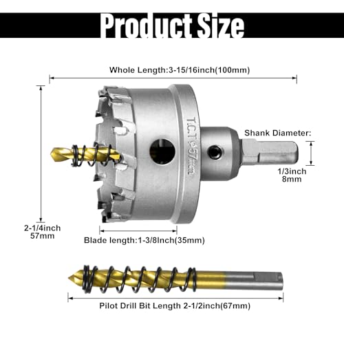 Image of SALI 2-1 /4 inch (57mm) TCT Hole Saw Kit Tungsten Carbide Tipped Hole Saw Drill Bit with Titanium-Plated Pilot Drill bit for Metal, Stainless Steel, Iron, Plastic