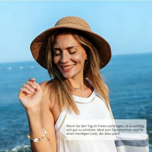 Utensilsto Sommer Strohhut Damen Sonnenhut, Breiter Rand UPF 50+ Faltbarer Strandhut, Leichter Fischerhut aus Geflochtenem Stroh für Reise & Garten, Eimerhut für Frauen