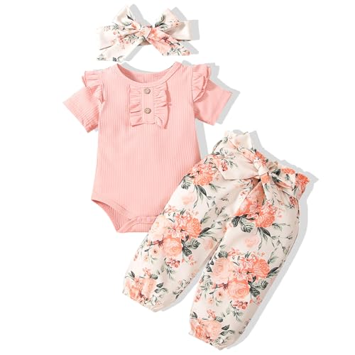 Image of JOPGEEY Toddler Girls Fall Clothes Infant Outfits 2 PCS Short Sleeve Romper Top with Denim Shorts Jeans Pants 0-3 years
