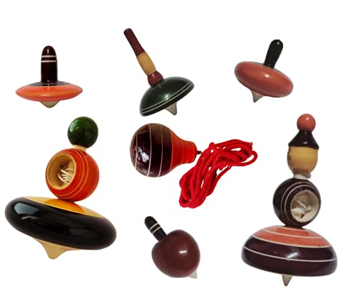 CrafToys Wooden Spinning Tops 7 Types (1 Finger Top, 1 Big Finger top, 1 Umbrela top, 1 Apple Top, 1 Spinning Lattoo, 1 Big top with Thread and 1 Baby Top) for Kids from Sawantwadi