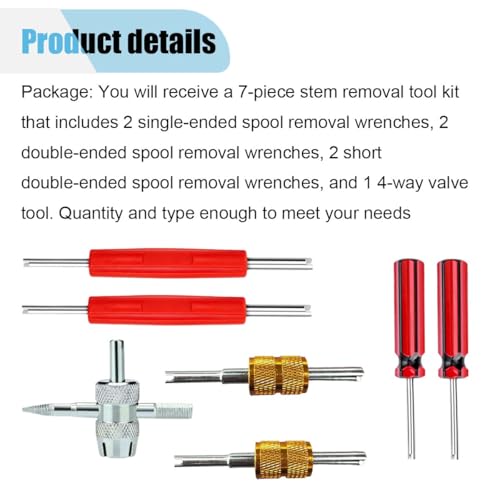 Image of 7PCS Tire Valve Stem Removal Tool Kit, 4-Way Single & Dual Head Schrader Valve Core Remover Wrench for Tire Repair Installation, Multi-Function Tools for Car Bike Truck RV HVAC Air Conditioner