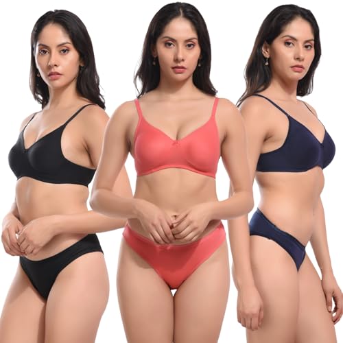 Image of REALSIDE Women Cotton Bra Panty Set for Lingerie Set|Bra Panty Set | Panty Bra Set for Women Women Lingerie Set A Beautiful Combo Pack of 3-Black,Green,Pink