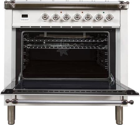 Ilve Upn90Fdvggbxlp 36" Nostalgie Series Gas Range With 5 Burners; Griddle; 3.5 Cu. Ft. Oven Capacity; Dishwarming Drawer; Digital Clock And Timer; Rotisserie; Chrome Trim; In White #TOP3