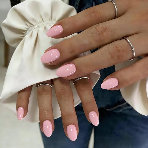 KQueenest Press On Nails Short - Light Baby Pink Press On Nails Oval 32 Pcs 16 Sizes Natural Short Fake Nails Press ons Almond Reusable Glossy Gel Glue on Nail with Glue for Everyday Office Wear