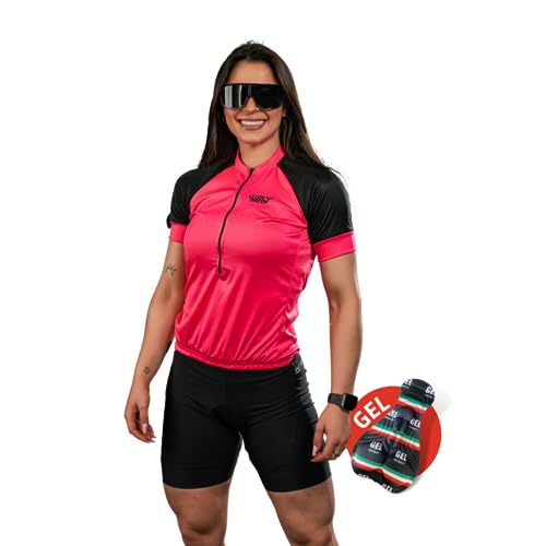 Conjunto de Ciclismo Feminino Camisa Básica e Bermuda em Gel Pedal (Rosa choque, G)