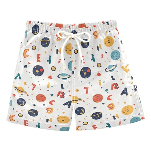 Traje de baño de dibujos animados de planetas exteriores del alfabeto blanco para niño, secado rápido, pantalones cortos para niños, trajes de baño para verano, vacaciones, 2T, Dibujos animados Outer