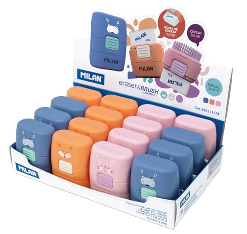 Gommes avec brosse MILAN COMPACT Funny Animals | Boîte d'affichage de 16 unités pour écoliers