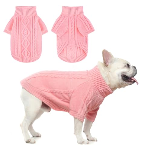Image of BEAUTYZOO Dog Sweater for Small Medium Dogs, Knit Clothes with Harness Hole | Turtleneck Pullover Fall Winter Knitwear, Fuzzy Fleece Cold Weather Coat for Girl Boy Puppy, Warm Pet Sweatshirt, Pink SM