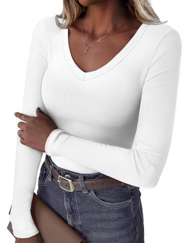 Women Long Sleeve V Neck Ribbed Knit Slim Fit Shirts Basic Tee Tops 2025 Fall Casual T Shirt Blouse Outfits Clothes