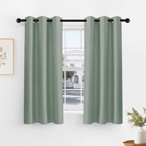 Image of PONY DANCE Sage Green Kitchen Curtains 45 inch Length, Thermal Insulated Tailored Curtains Privacy Drapes for Nursery /Baby Room, Black, 42 x 45 inch, Set of 2