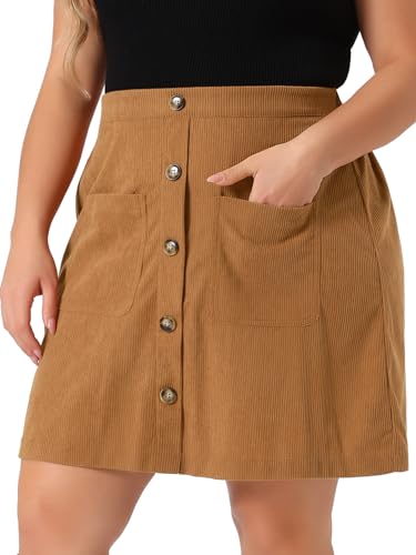 Agnes Orinda Plus Size Corduroy Skirts for Women Fall Winter Elastic Waist Button Down Short Mini Skirt with Pockets2