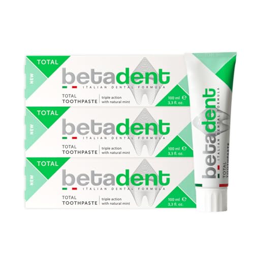 Betadent KIT 3 DENTIFRICIO TOTAL Tripla azione anti placca, tartaro, carie, gengive infiammate. Con Menta Naturale, Alito fesco. 3x100ml