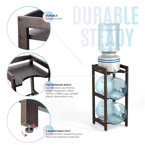 5 Gallon Water Jug Holder With Top Shelves, Natural Solid Wood Water Dispenser Stand 31"H, 3-Tiers Jug Stand, Water Cooler Jug Rack, 5 Gallon Water Bottle Holder With 2 Slot & Top Shelf (Walnut Color) by LASIDO - Used condition - Image 3