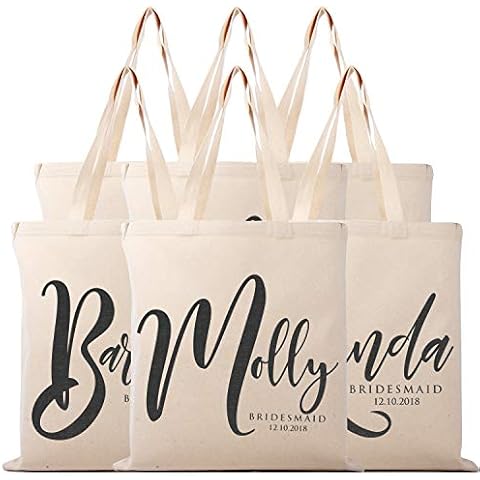 Lara Laser Works Set of 6 - Bridesmaid Proposal Gifts - Personalized Tote Bag for Women - Custom Cosmetic Bag for Girls w/Name - Wedding Bridal Party, Monogrammed Cosmetic Pouch - Natural Cotton Cover