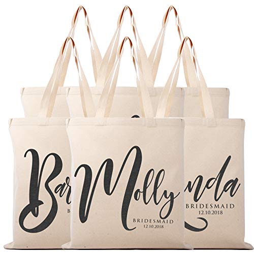 Lara Laser Works Set of 6 - Bridesmaid Proposal Gifts - Personalized Tote Bag for Women - Custom Cosmetic Bag for Girls w/Name - Wedding Bridal Party, Monogrammed Cosmetic Pouch - Natural Cotton