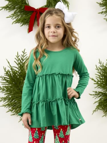 Image of RuffleButts Girls High Low Tunic - Long Sleeve Ruffle Tunic Top | 100% Cotton Fabric, Solid Color, Asymmetric Hem, Flowy Silhouette, Machine Washable, Kid Size