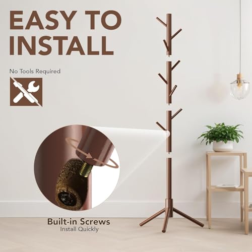 Image of Ash & Roh Natural Wooden Coat Rack Stand With Hooks Adjustable Height, Easy Assembly, Sturdy Solid Base for Coats, Hats, Handbags Entryway, Hallway, Bedroom, Office (Walnut, 92-2)