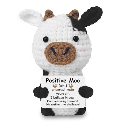 Emotional Support Gift, Funny Positive Crochet Moo with Affirmation Cards, Cute Handmade Emotional Support Plush Highland Cow Gifts for Women Men, Positive Crochet Animals for Home Office Desk Decor