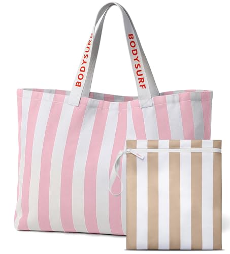 Bodysurf Striped Canvas Tote Bag + Wet Bag for Swimsuit & Wet Clothes