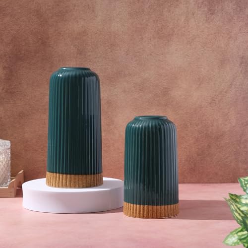 Image of Ribbed Design Ceramic Flower Vase for Living Room, Flower Pots for Artificial Flower, Home Decoration Item, Home Decor, Vases for Home, Office, or Gifts VASE ONLY NO Flowers - (Green, 6 & 8 Inch)