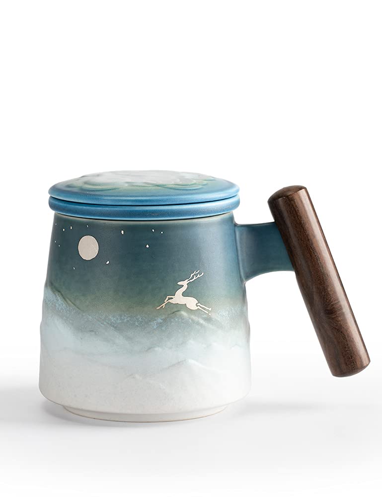 TANG PIN "Moon Deer" Taza de té de cerámica hecha a mano con infusor y tapa, Teaware con Steeper, 14 oz (azul y blanco)