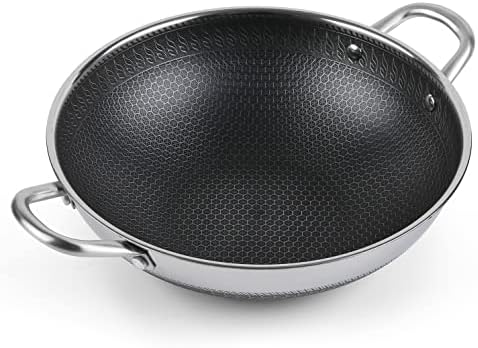Hikaru 12.5” Wok Pan with Dual Honeycomb Wok Stainless Steel Wok Pan with Nonstick Coating, Frying Pans Cookware, Two Handles,Works with Induction ,Gas, Electric, Ceramic Furnace Stove, Without Lid - Thumbnail 2