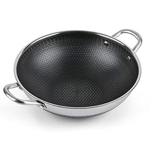 Hikaru 12.5” Wok Pan with Dual Honeycomb Wok Stainless Steel Wok Pan with Nonstick Coating, Frying Pans Cookware, Two Handles,Works with Induction ,Gas, Electric, Ceramic Furnace Stove, Without Lid