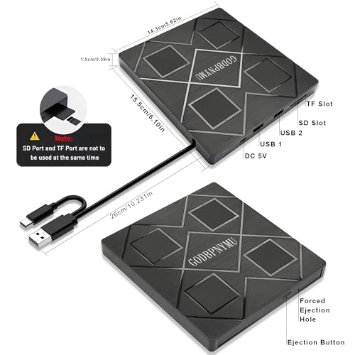 Image of 5-in-1 Extemal CD /DVD Drive for Laptop,USB 3.0 & Type-C Portable CD /DvD Rw Burner with SD /TF Card Reader &DVD-ROM Rewritable Player，Compatible with Laptop Pc Desktop, Windows11 /10 /8 /7 Linux Mac os
