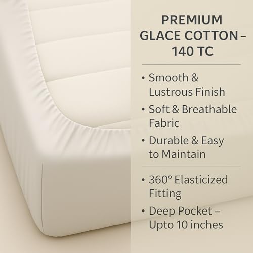 Image of Fitted Sheet White Multicolor Abstract Print Fitted Bedsheet | Glace Cotton 140 TC | King Size (72x78 inch) with 2 Pillow Covers (18x28 inch) | Deep Pocket up to 10 Inches - Soft & Comfortable