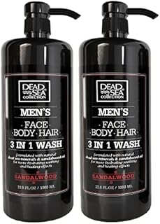 Dead Sea Collection Mens Body Wash - Pack of 2 (67.6 Fl. Oz) - Sandalwood 3 in 1 Body Wash for Men - Face Wash for Men with Shower Gel for Men and Shampoo for Men to Keeping You Feeling Fresh & Cool