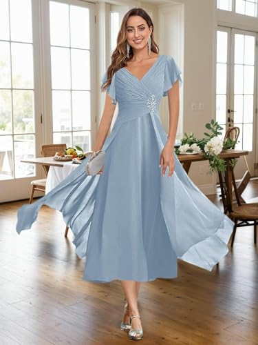 ISABUFEI Elegant Chiffon Mother of The Bride Dresses - V-Neck Tea Length Formal Evening Gown with Beaded Waist4