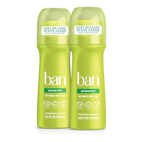 Ban Invisible Roll-on Antiperspirant Deodorant for Women and Men, 24-hour Underarm Odor & Sweat Protection, Unscented, 3.5 Oz, Pack of 2