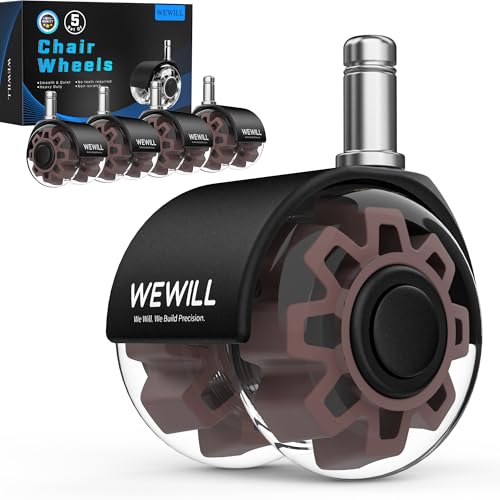 WEWILL Office Chair Wheels, Rubber Replacement Caster Heavy Duty Wheels for Computer Desk Chair to Replace Office Chair mats, Protect Hardwood Floors and Carpet, Set of 5 Brown