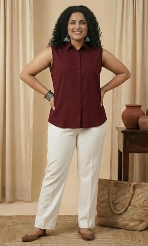 Image of Women Plus Size Sleeveless Button Down Shirt Polyester Formal Office Casual Wear Classic Fit Professional Shirt