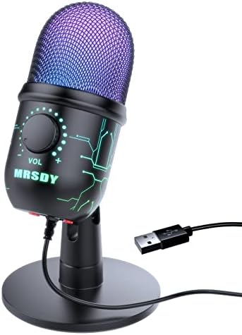 MRSDY Gaming Microphone, USB Computer Microphone for PC, Mac, PS4/5, Condenser Podcast Mic for Studio Recording, YouTube, Streaming, with Headphone Jack, Led Light, Mute, Gain, Noise Cancellation