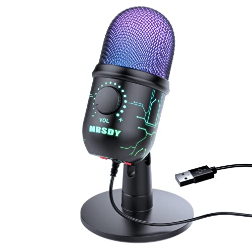 MRSDY Gaming Microphone, USB Computer Microphone for PC, Mac, PS4/5, Condenser Podcast Mic for Studio Recording, YouTube, Streaming, with Headphone Jack, Led Light, Mute, Gain, Noise Cancellation MRSDY Gaming Microphone, USB Computer Microphone for PC, Mac, PS4/5, Condenser Podcast Mic for Studio Recording, YouTube, Streaming, with Headphone Jack, Led Light, Mute, Gain, Noise Cancellation